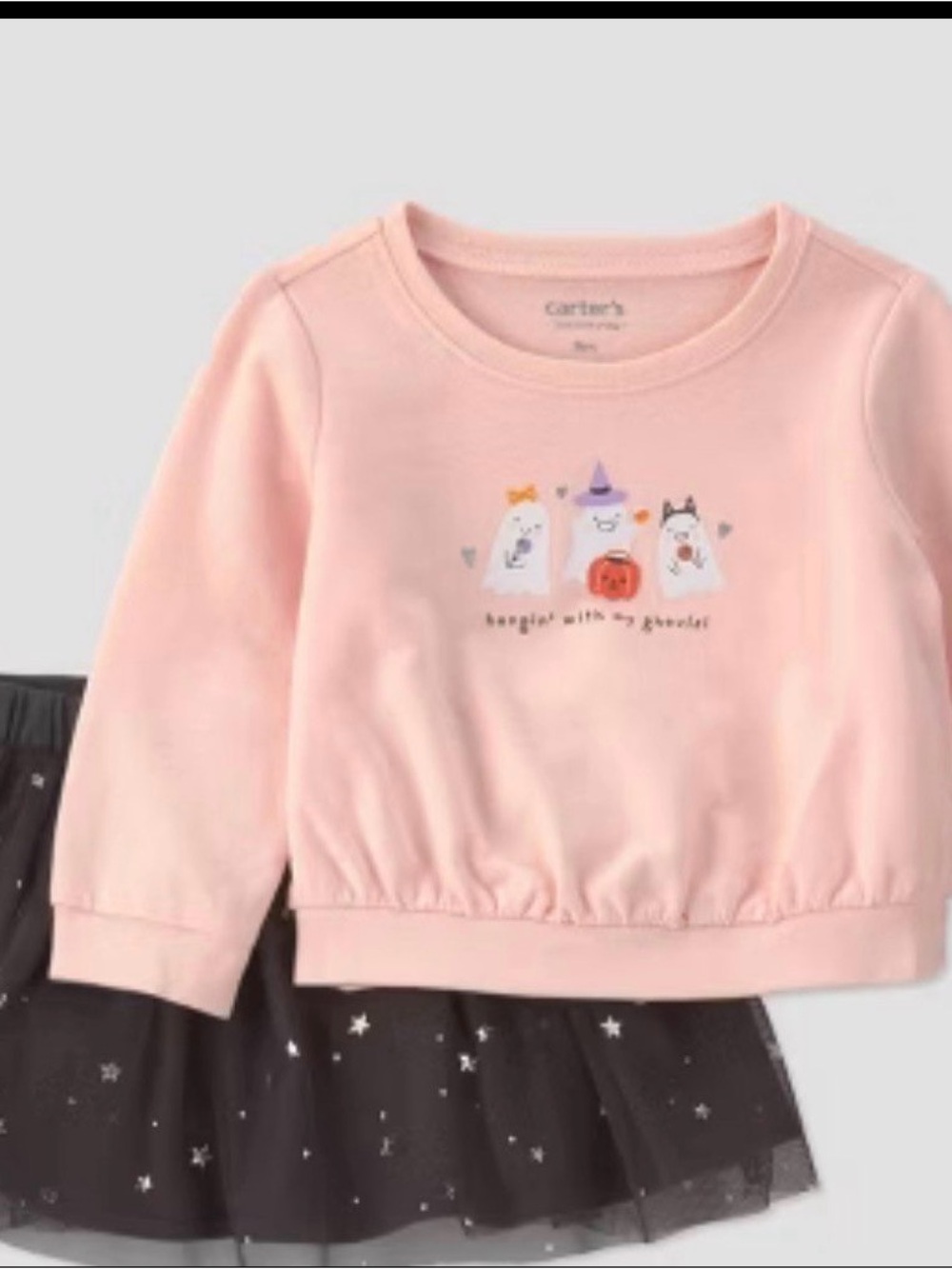 Carter's Pink Girls' Halloween Ghost Sweatshirt Pajama Top with Black Star Skirt